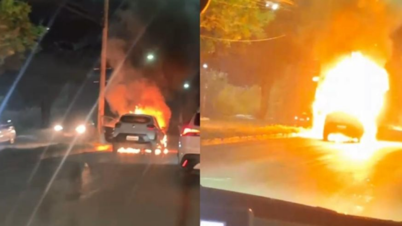 Carro é tomado por fogo em avenida de Cuiabá