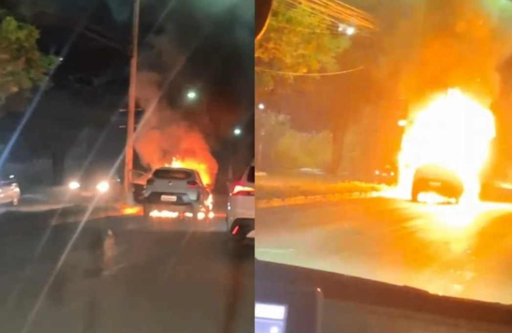Carro é tomado por fogo em avenida de Cuiabá